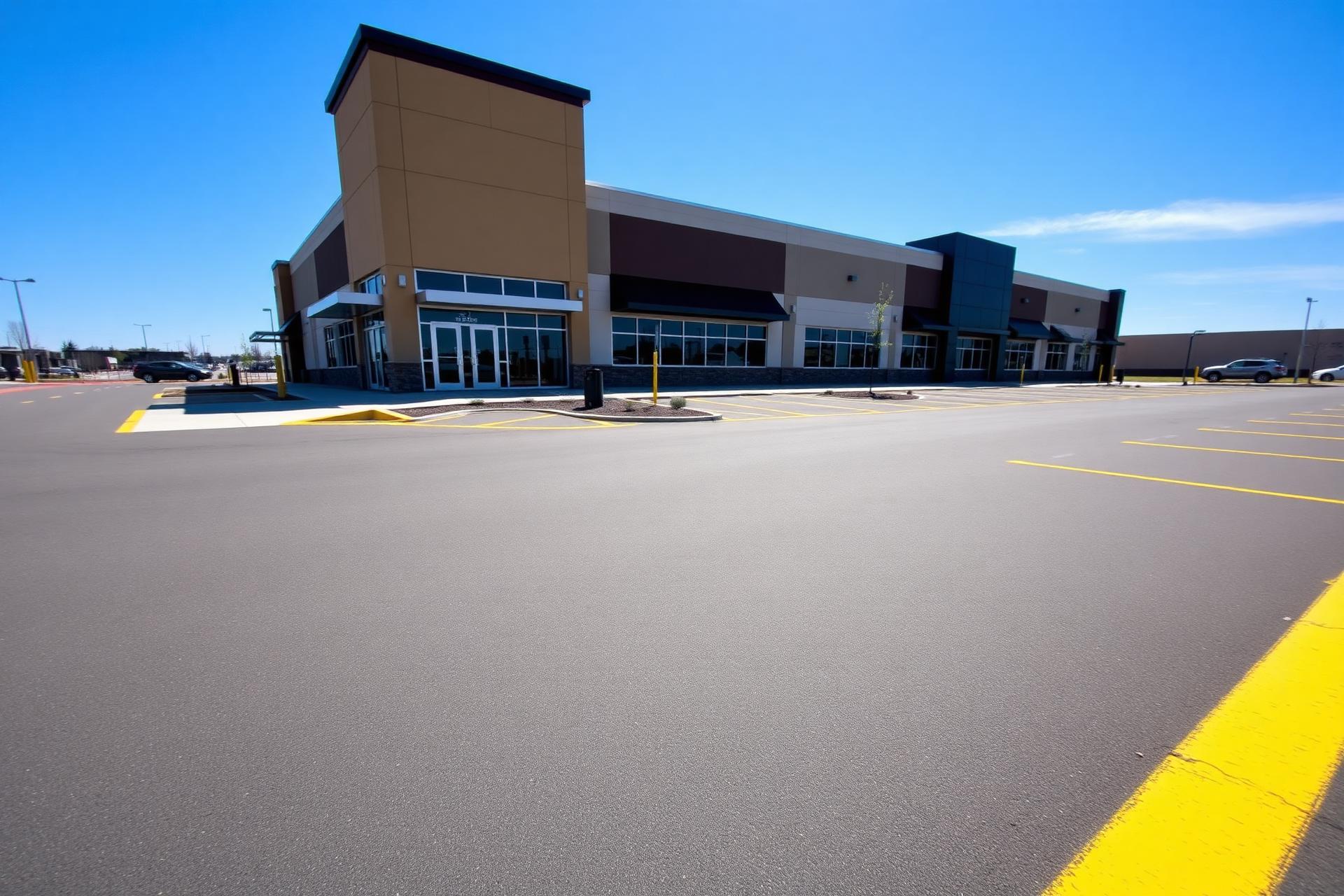 Freshly sealed commercial parking lot with crisp line striping